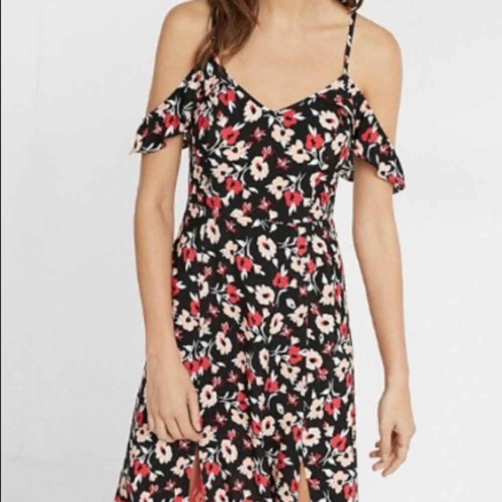 Express Black & Red Floral Midi Dress